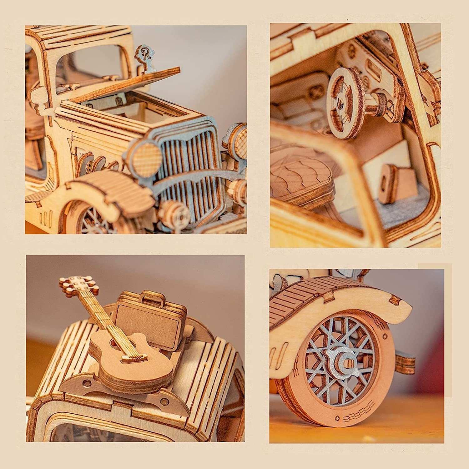 Robotime Rolife vintage car 3D wooden puzzle model close-up details for children kids toy