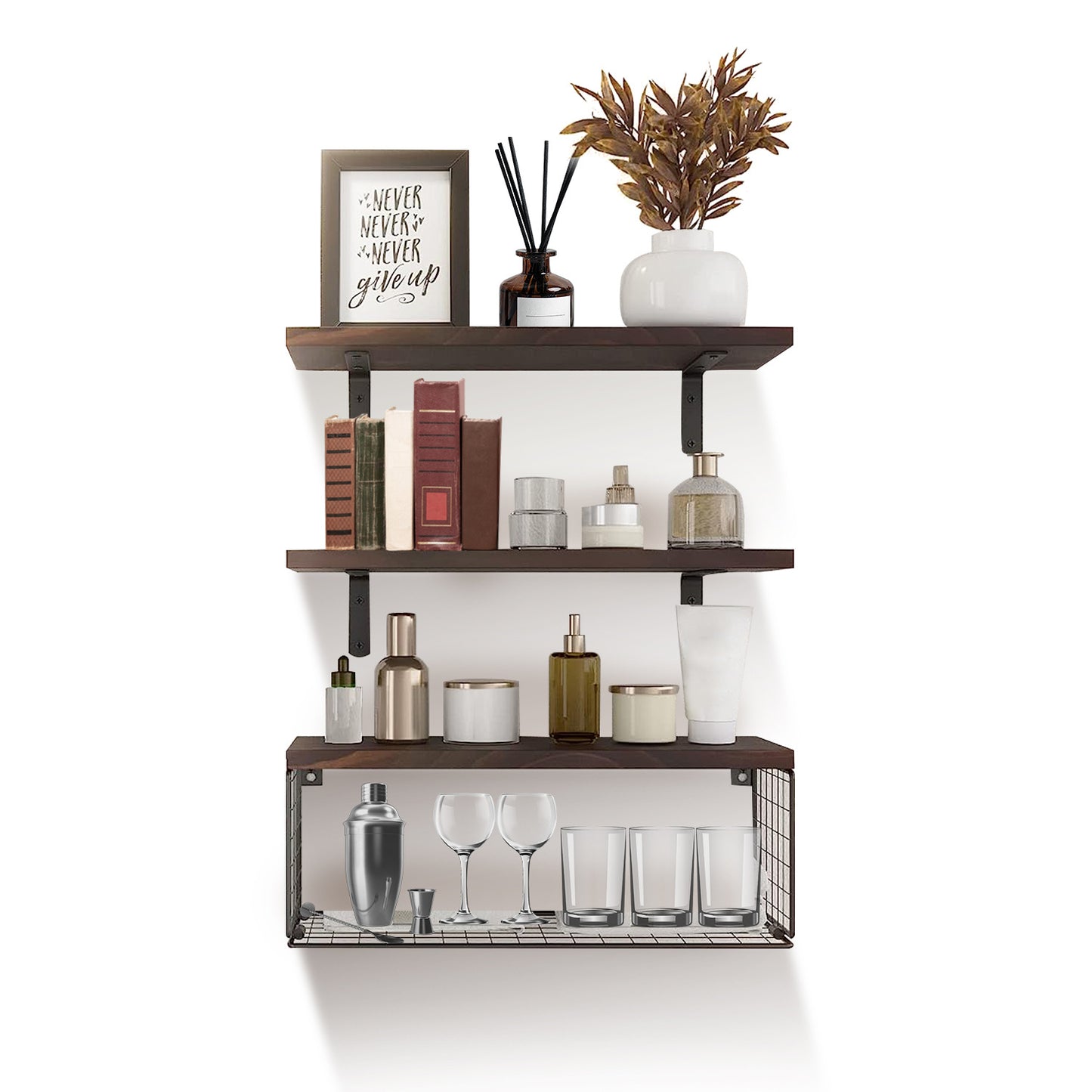 2 In 1 Floating Shelves Wall Mounted With Storage Basket Bathroom Shelves Over Toilet Wooden Shelves For Bedroom Living Room Kitchen Office Wall Decor Plants - The Peppermint Room