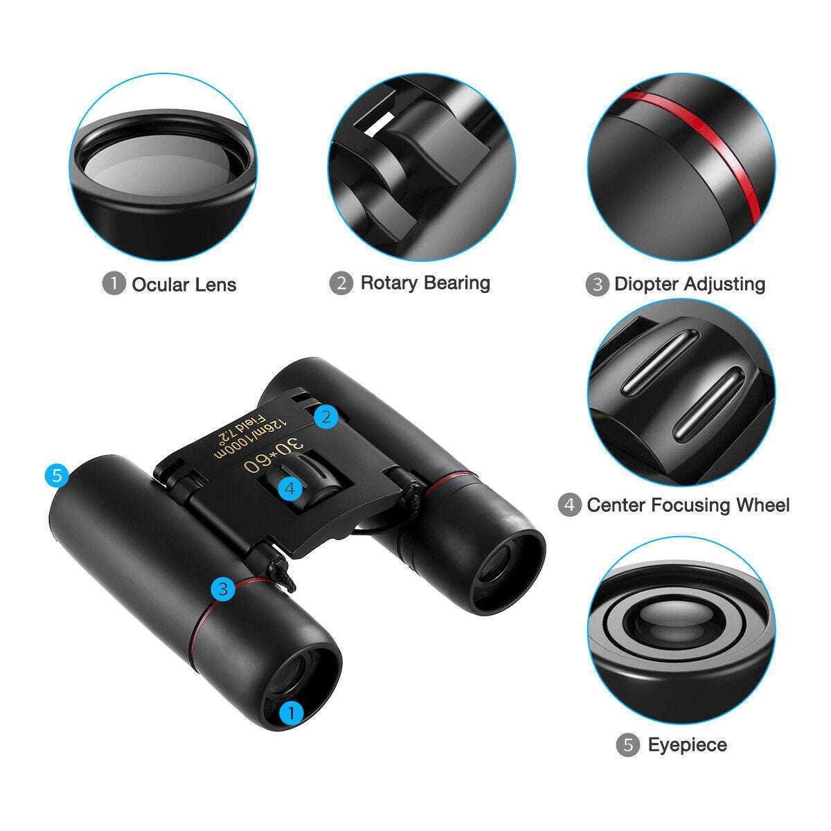 30x60 zoom binoculars black compact folding telescope with adjustable focus and diopter for outdoor travel and hunting