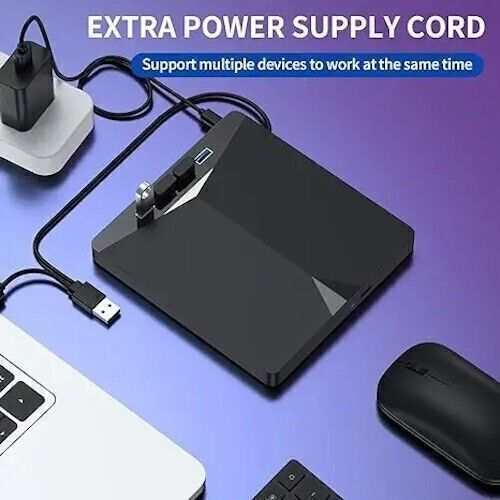 7in1 external USB 3.0 DVD CD RW writer drive burner with power supply cord connected to laptop and mouse