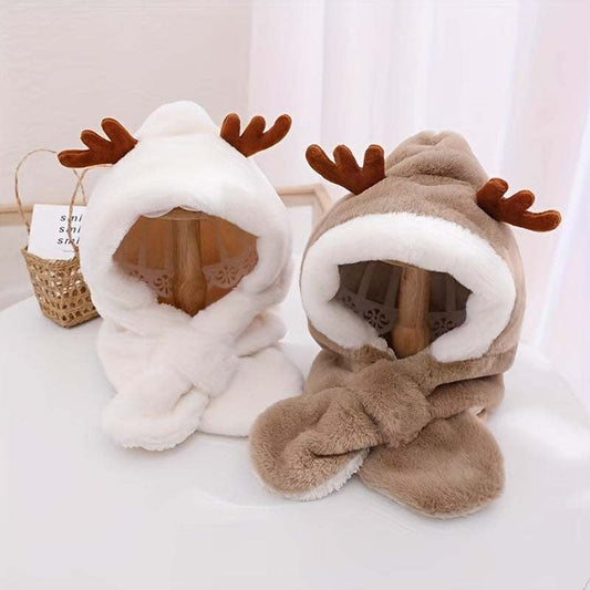 Cute deer hat with plush rabbit ears and antlers, warm fleece scarf for children winter wear