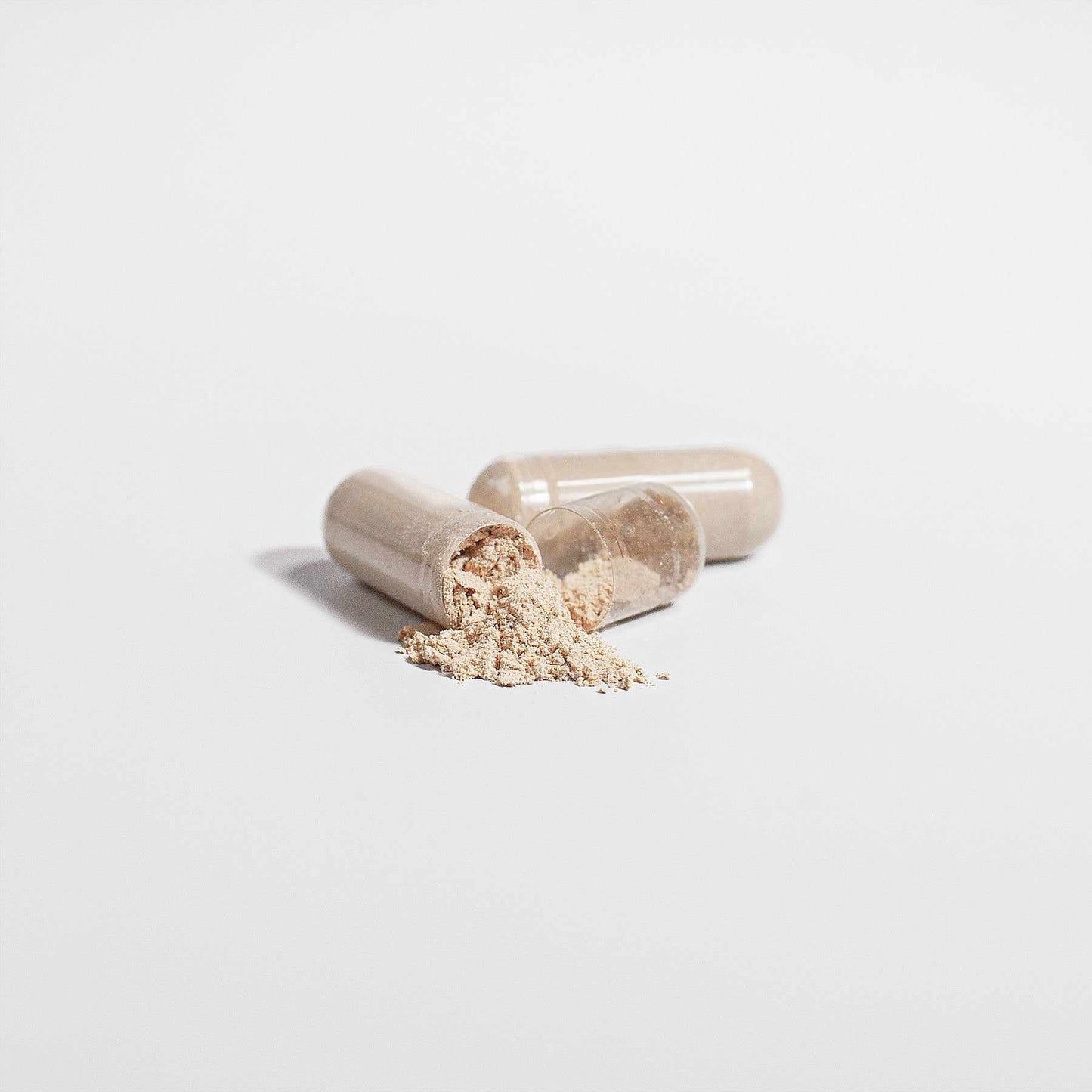 Premium Reishi Mushroom Capsules with organic plant-based polysaccharide powder on white background