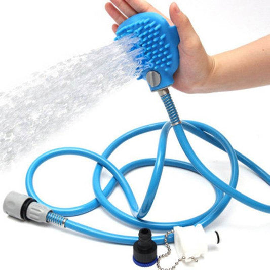 Blue pet bathing tool with shower sprayer and massage brush for dogs and cats