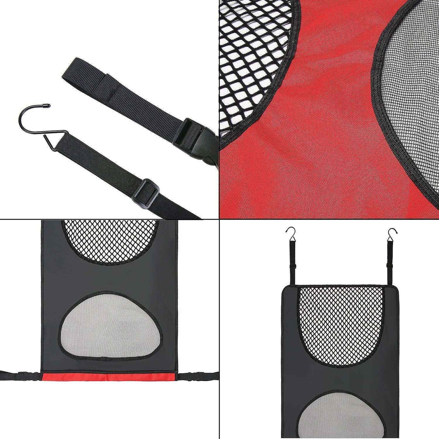Pet supplies back seat pet guardrail with cloth material and mesh pockets in red and black colors