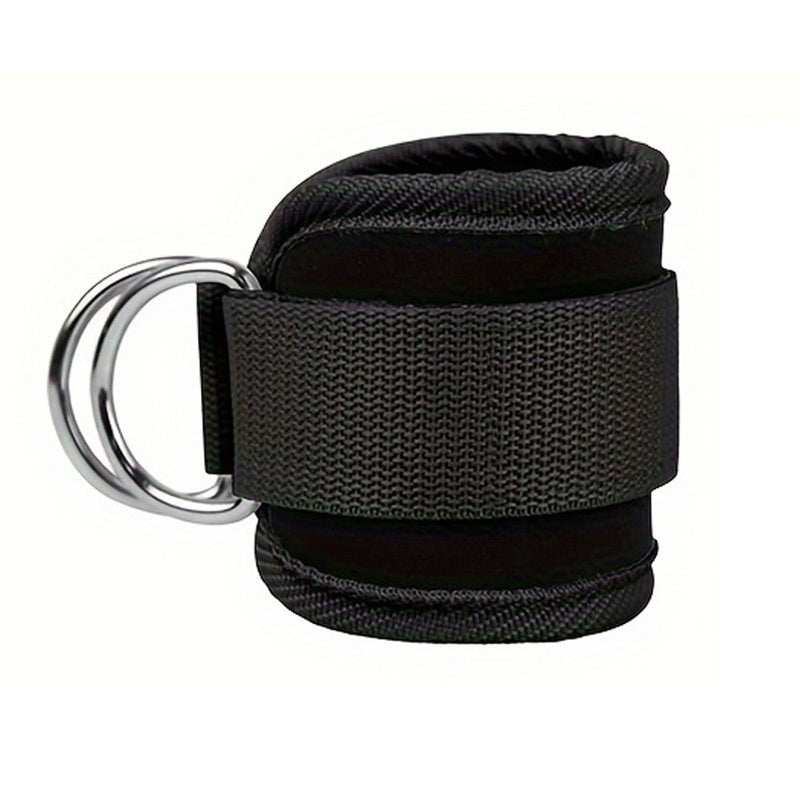 Black adjustable ankle strap resistance band with double metal D-ring for fitness workouts