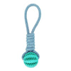 Blue hemp rope dog toy with rubber treat ball for chewing and tug-of-war