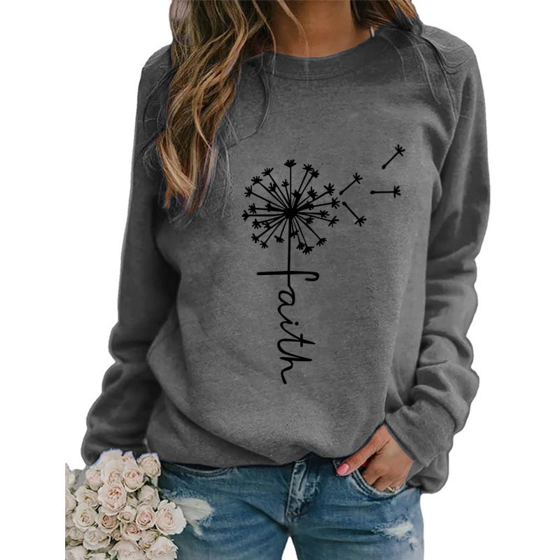 Women's Top Dandelion Print Round Neck Long-sleeved Loose Sweater Women - The Peppermint Room