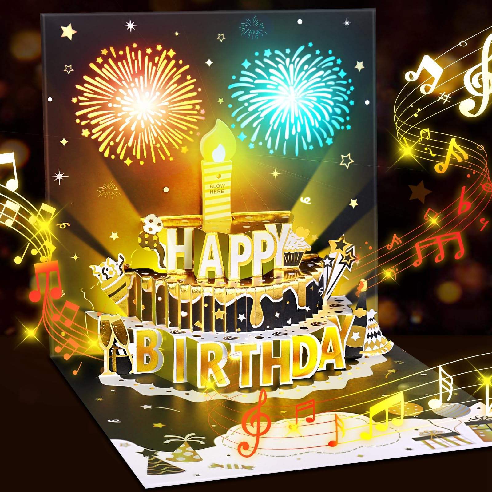 Light Music  Up Card Gift Cake Happy Birthday Card With Envelope - The Peppermint Room