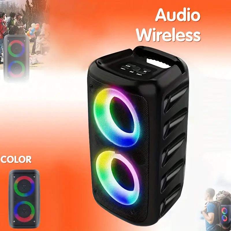 Wireless speaker with subwoofer and colorful LED party lights, portable boombox for outdoor use and karaoke events