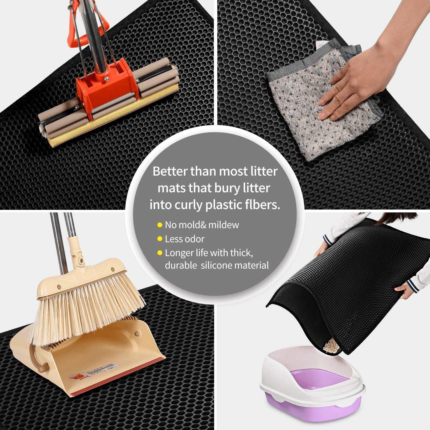 Kitty cat litter mat with double-layer honeycomb design, waterproof, non-slip, washable EVA pad for trapping litter and protecting floors