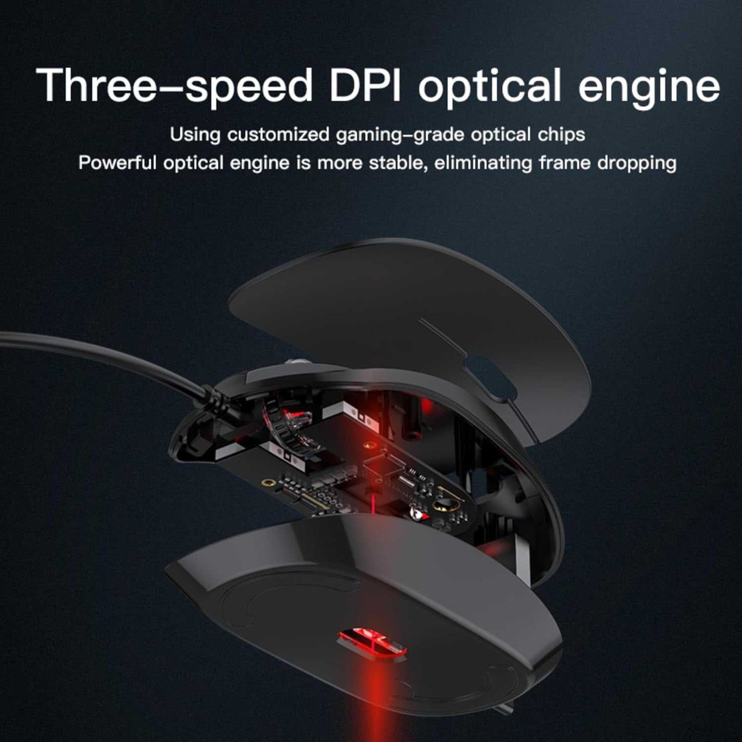 Ultra-slim optical mouse with three-speed DPI optical engine and gaming-grade optical chips showing internal components and red sensor light