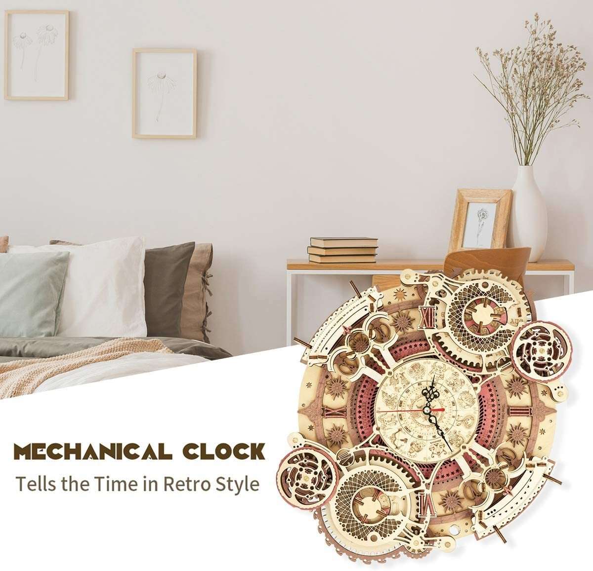 Robotime ROKR Time Art 3D wooden mechanical zodiac wall clock puzzle kit in retro style