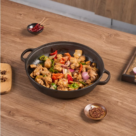 11" Cast Iron Wok – Dual Handles & Wood Lid