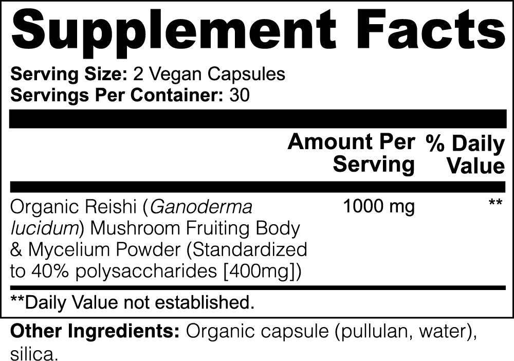 Supplement facts label for Premium Reishi Mushroom Capsules showing organic ingredients and dosage details