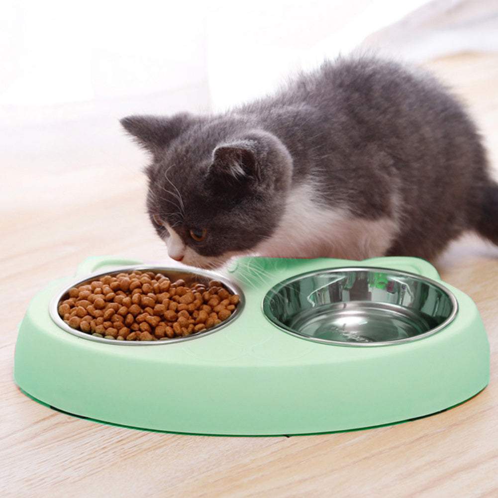 Double dog bowls stainless steel with non-slip green resin station for pet feeding cat and puppy food water bowls