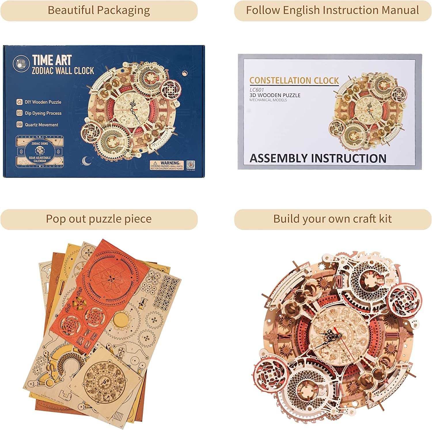 Robotime ROKR Time Art 3D wooden zodiac wall clock puzzle kit with assembly instructions and wooden puzzle pieces