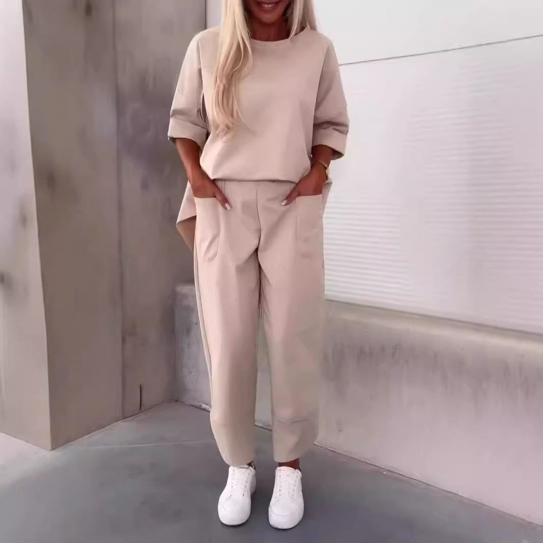 Two-piece Solid Color Round Neck Cropped Pants Set - The Peppermint Room
