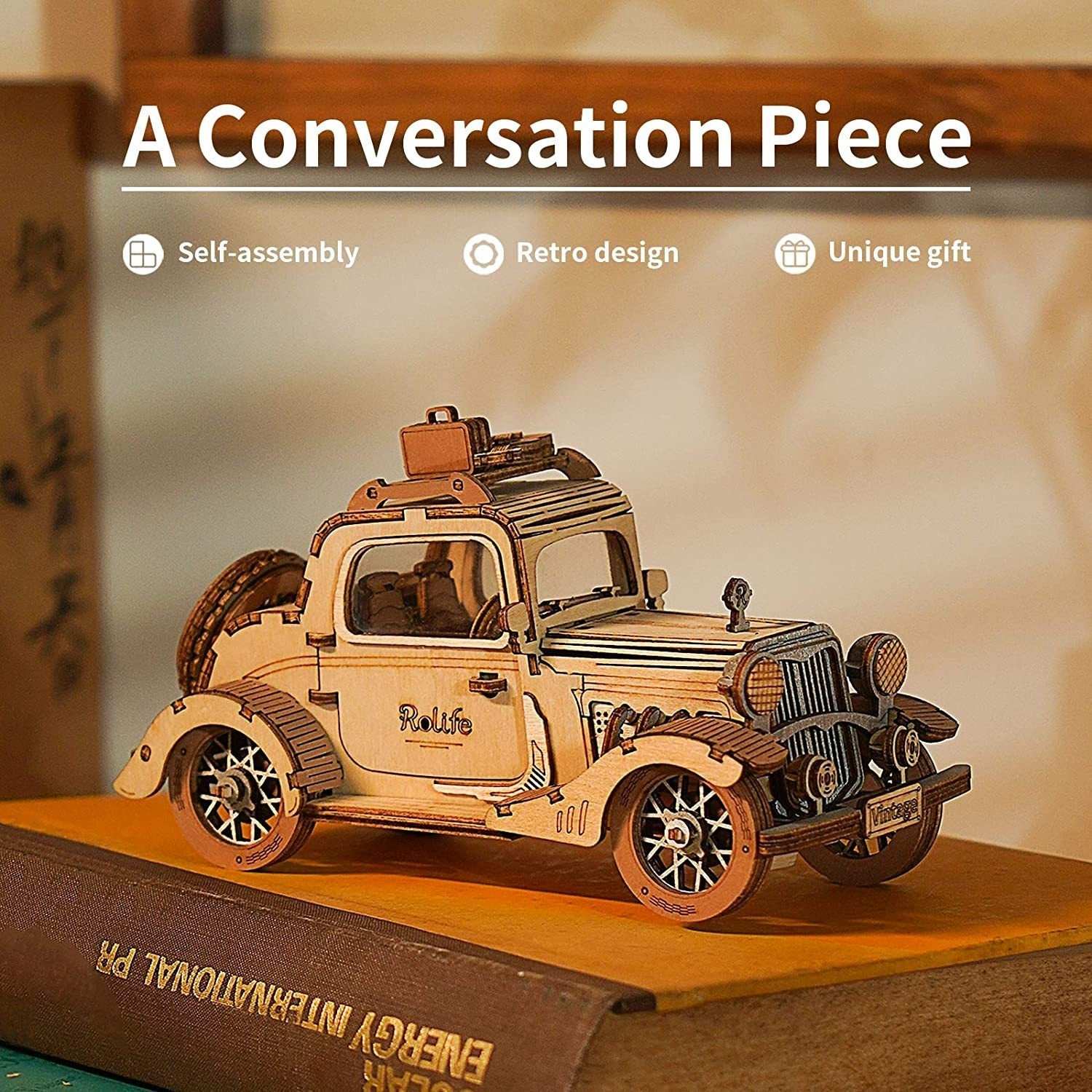 Robotime Rolife vintage car 3D wooden puzzle toy for kids self-assembly retro design model