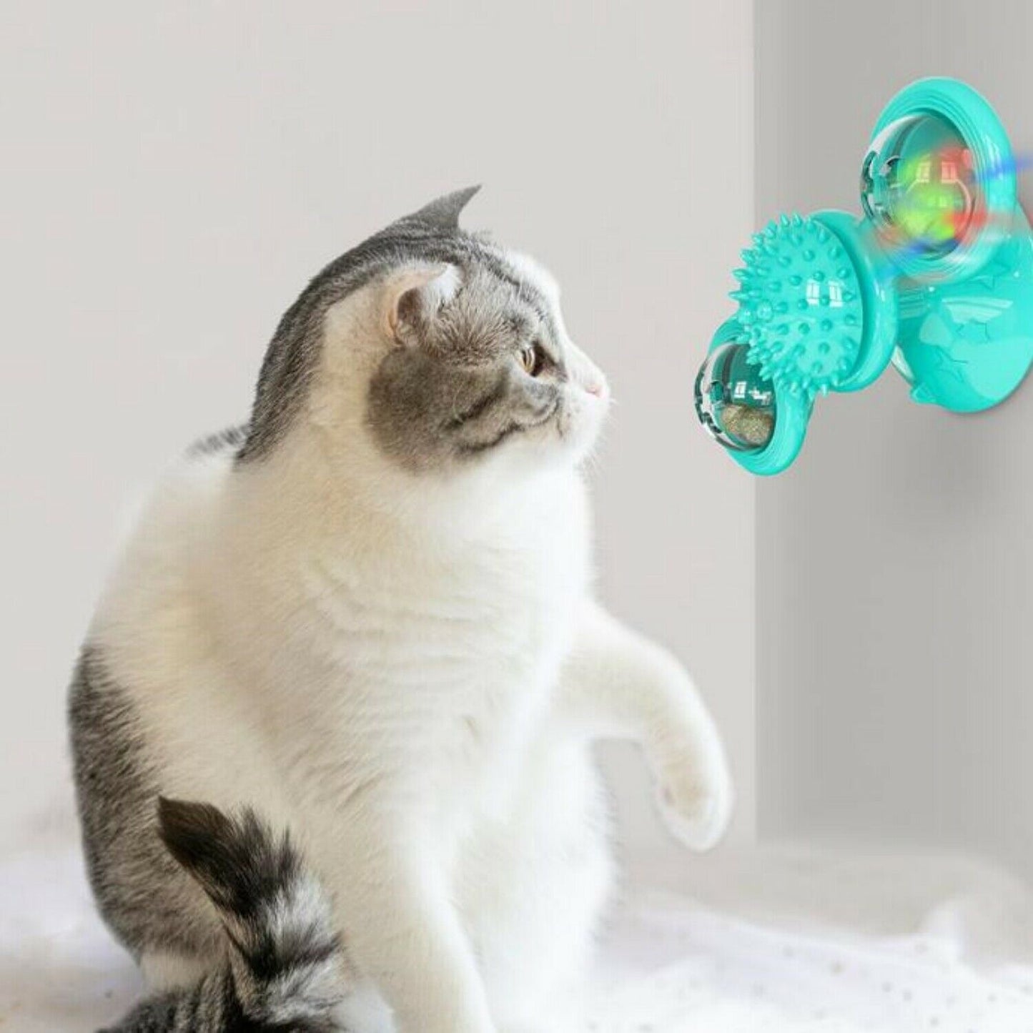 New Windmill Cat Toys Cute Rotating Interactive Cat Toy - Indoor Windmill Cat Toy With Suction Cup Catnip & Jagged Teeth Middle Ball, Smart Kitten Rotating Spinner Exercise Toy, Toothbrush & Massager - The Peppermint Room