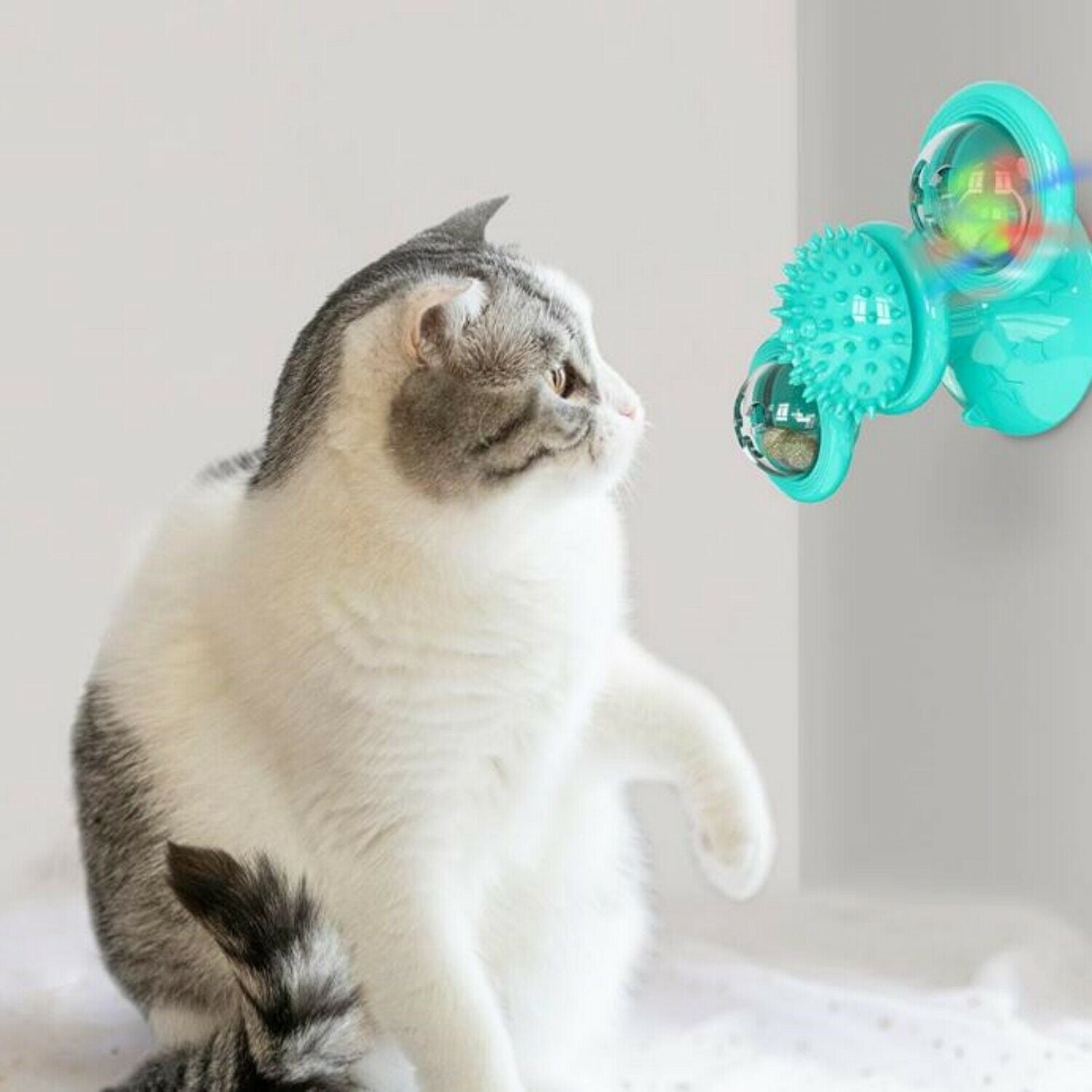 New Windmill Cat Toys Cute Rotating Interactive Cat Toy - Indoor Windmill Cat Toy With Suction Cup Catnip & Jagged Teeth Middle Ball, Smart Kitten Rotating Spinner Exercise Toy, Toothbrush & Massager - The Peppermint Room