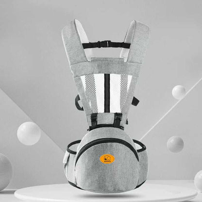 Ergonomic grey baby hip seat carrier with adjustable straps and storage pouch for infants and toddlers