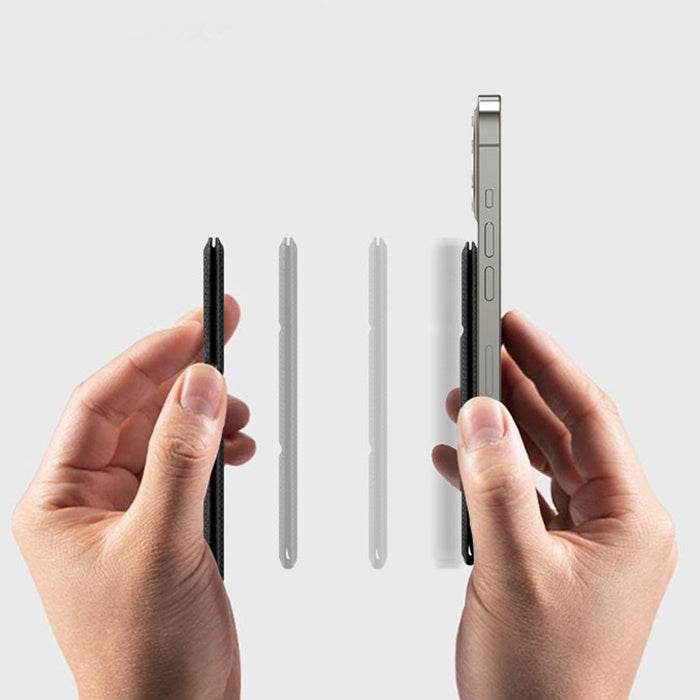 Magnetic black card holder attached to iPhone for mobile card storage