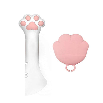 Multifunctional pet canned spoon and jar opener with cute paw design, silicone material, includes scoop and lid for easy pet food feeding and storage.