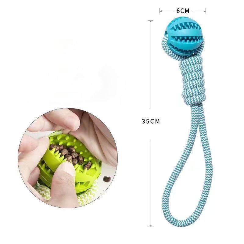 Interactive dog toy with treat-dispensing rubber ball and hemp rope for chewing and tug-of-war, bite resistant and dental cleaning.