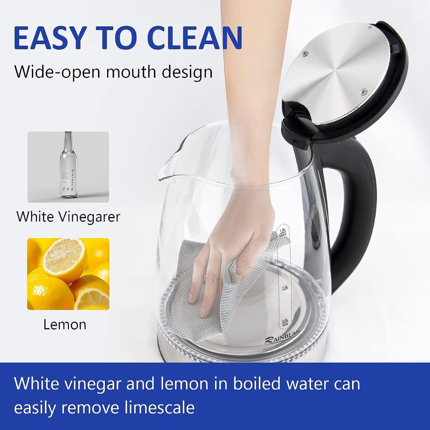 Electric Kettle Water Boiler, 1.8L Electric Tea Kettle, Wide Opening Hot Water Boiler With LED Light, Auto Shut-Off & Boil Dry Protection, Glass Black - The Peppermint Room