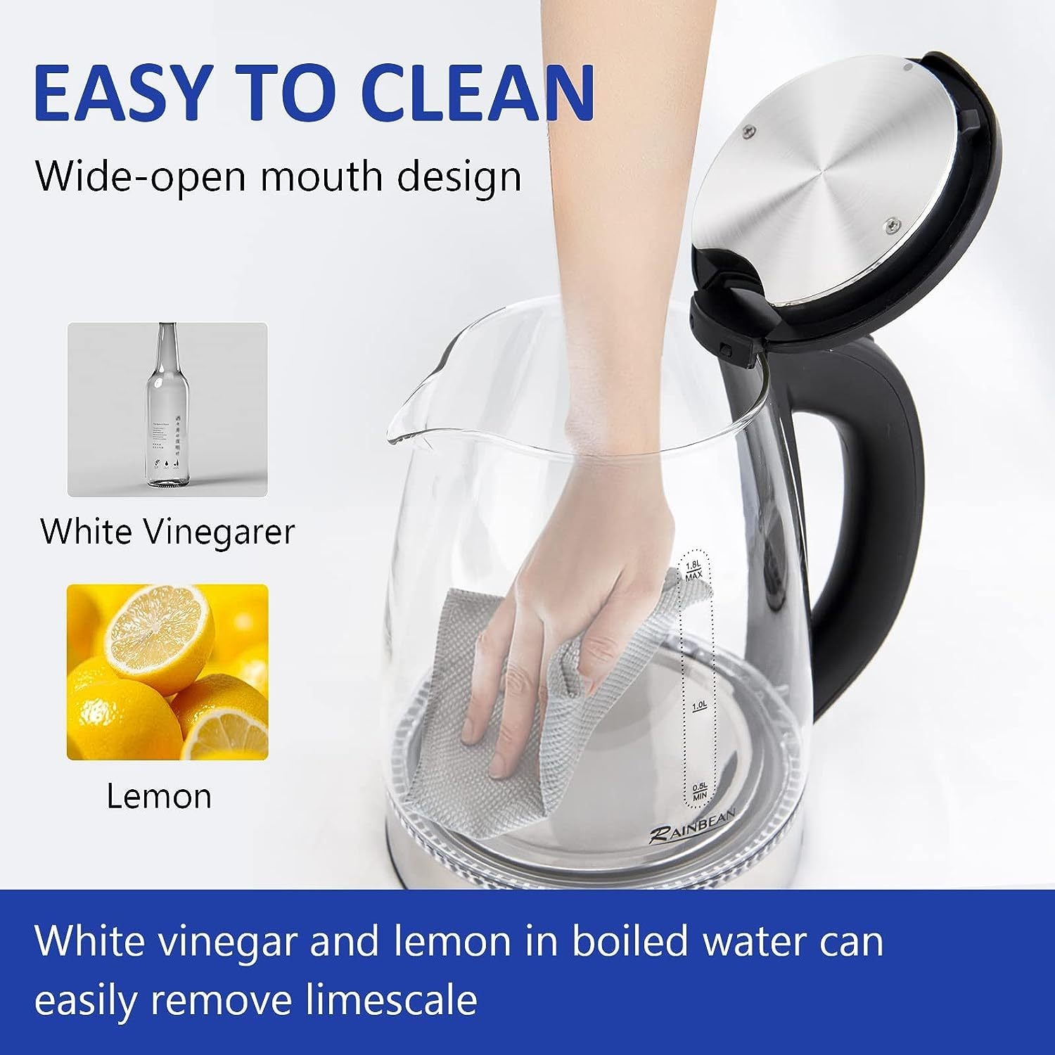Electric Kettle Water Boiler, 1.8L Electric Tea Kettle, Wide Opening Hot Water Boiler With LED Light, Auto Shut-Off & Boil Dry Protection, Glass Black - The Peppermint Room