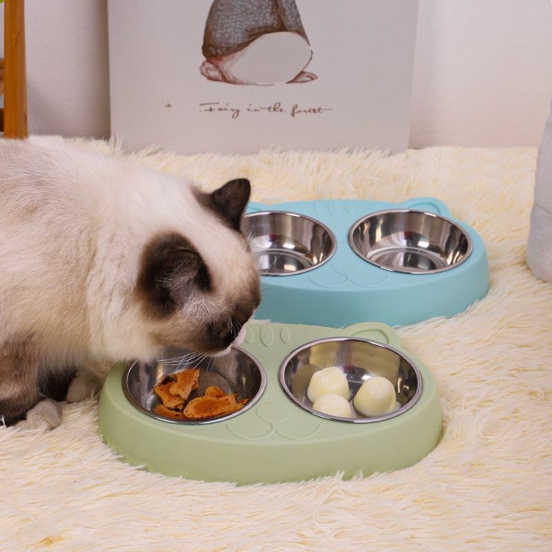 Double dog bowls with stainless steel and non-slip resin station for feeding small to medium dogs and cats