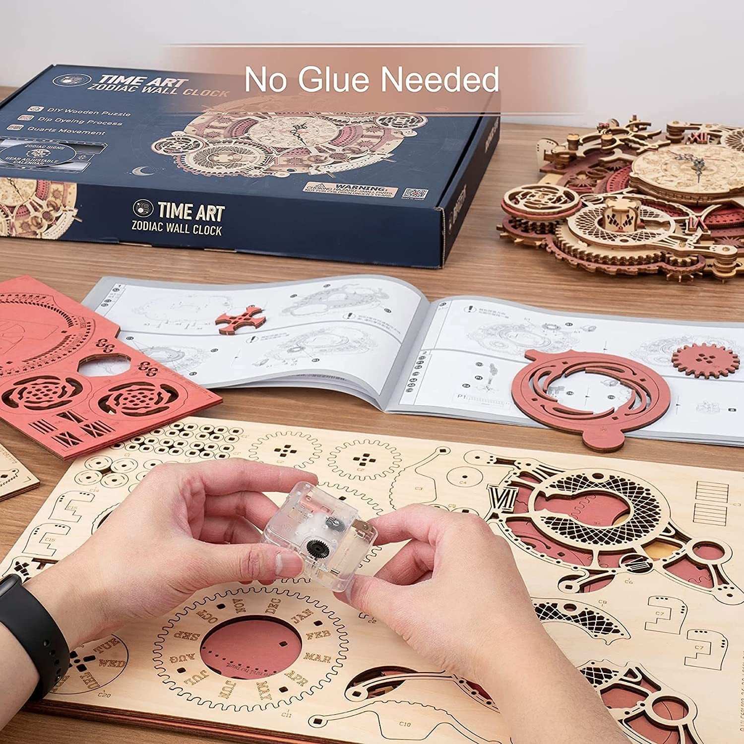Robotime ROKR Time Art 3D wooden zodiac wall clock puzzle assembly kit with detailed parts and instructions